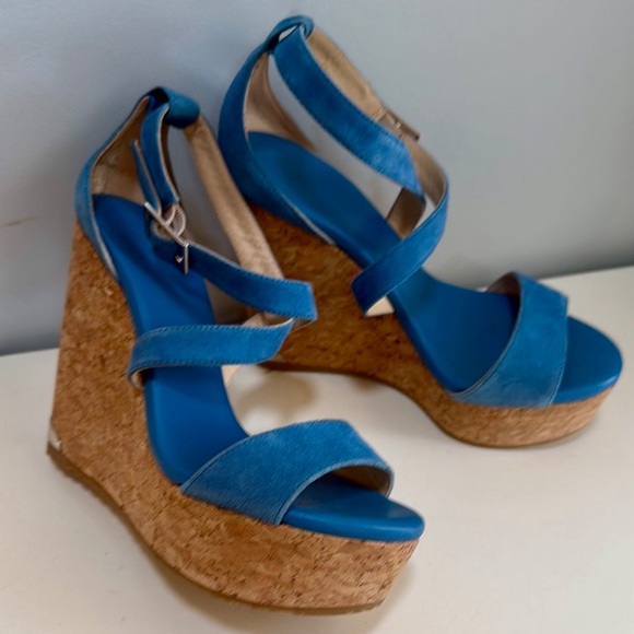 “Jimmy Choo” Women’s Wedge Sandals in Blue Suede pre-owned Size: 35 - Picture 1 of 14